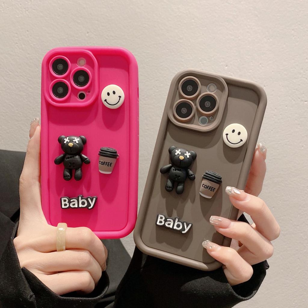 Iphone13 High Bamboo Solid Color Mobile Phone Case Handmade DIY Smiley Face 14 Violent Bear 16 Apple 15pro Protective Cover