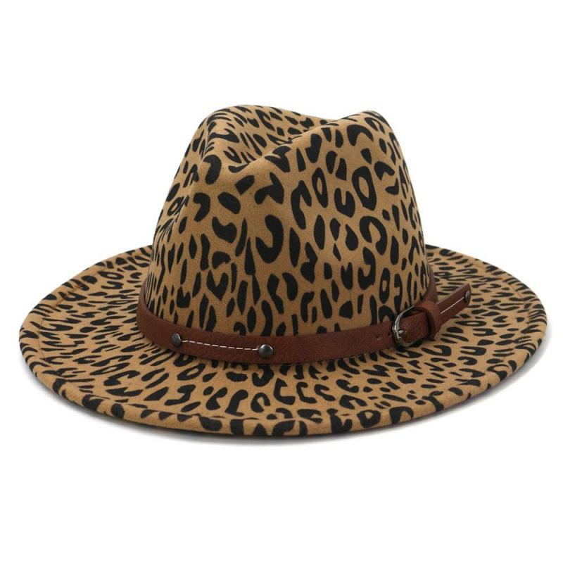 Men and Women European and American Big Eaves Hat Fashion Flat Hat Autumn and Winter British Style Leopard Print Woolen Jazz Top Hat MNDJS