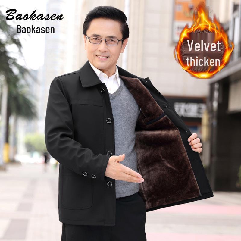 Men's Middle-Aged & Elderly Plus Velvet Thickened Jacket Coat - Suitable for Dad, Grandpa Winter/Spring/Autumn, Zhongshan Suits, 70+ Cotton Wear