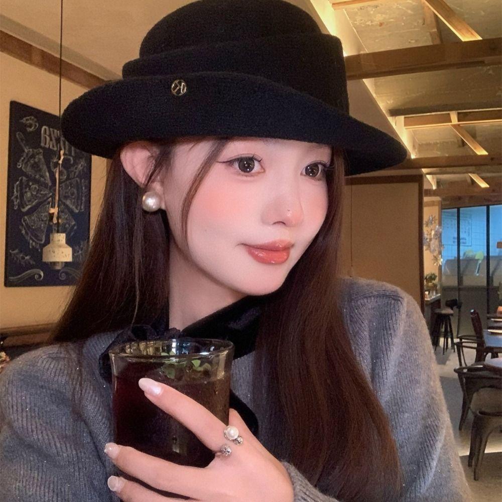 Woolen Hepburn Style Flat-top Cap Elegant Women Jazz Hat Vintage Black Felt Hat  Dinner