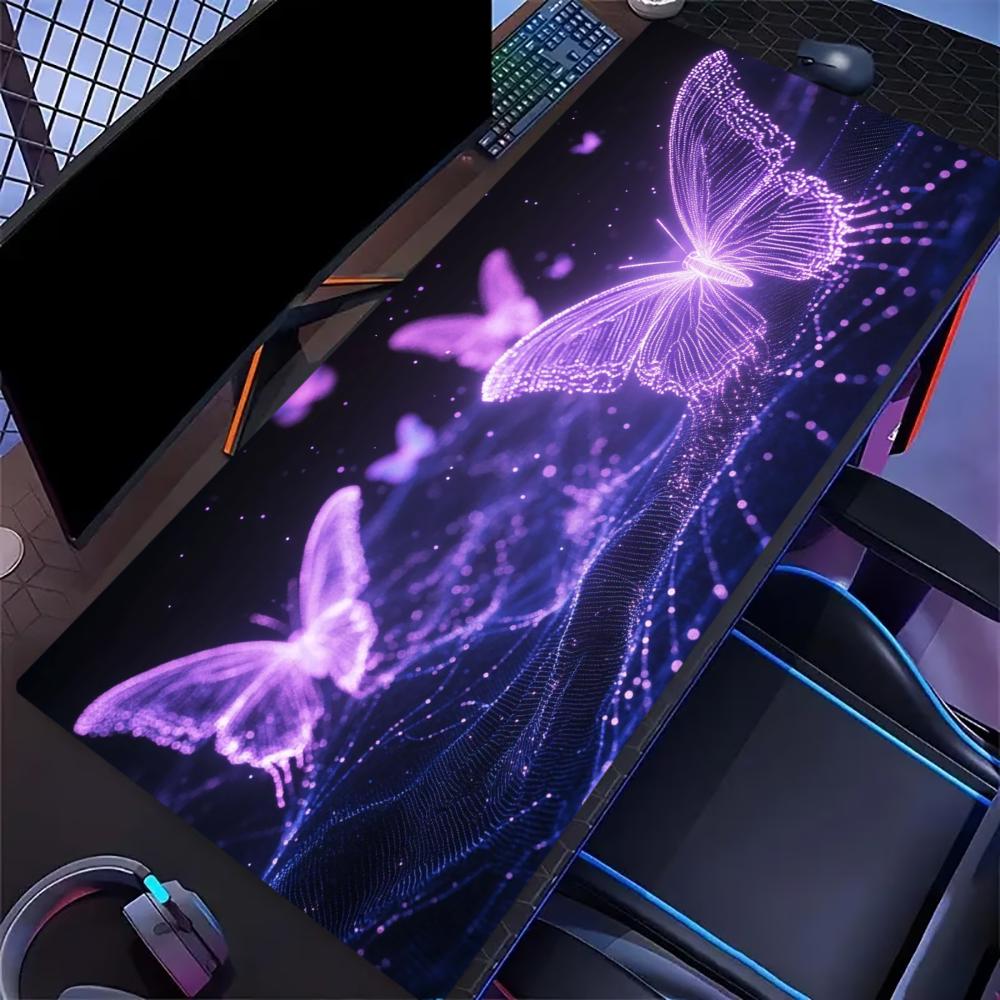 Non‑Slip Rubber Extended Keyboard Mousepad, Sparkly Galaxy Butterfly Purple‑Tone Desk Mat for Gaming Zone & Office Workstation