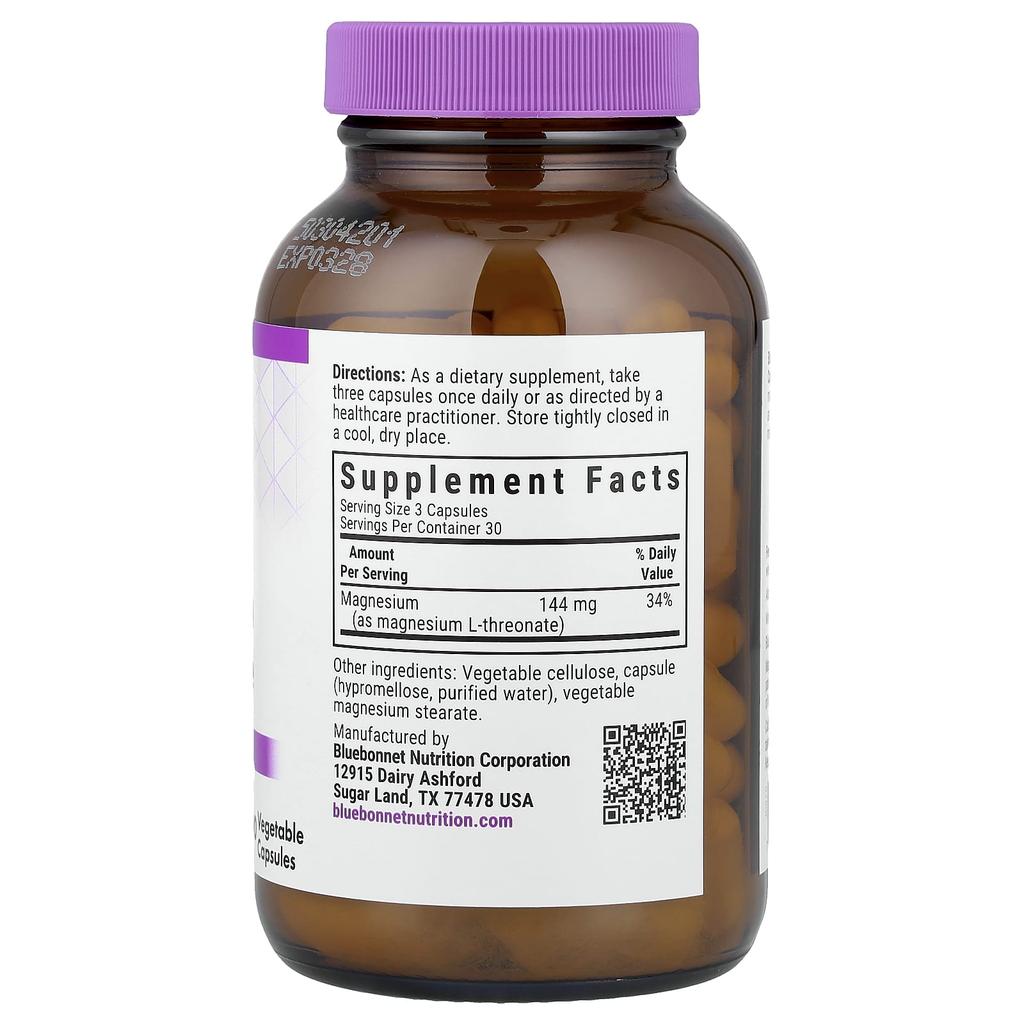Bluebonnet Nutrition Magtein® Magnesium L-Threonate, 90 Veggie Capsules (48mg Per Capsule)