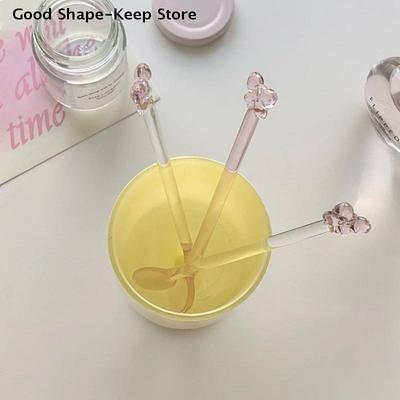 Long-handled Dessert/milk Tea Stirring Spoon, Pink Bow Glass Coffee Spoon, Heat-resistant Teaspoon, Household Kitchen Tool.