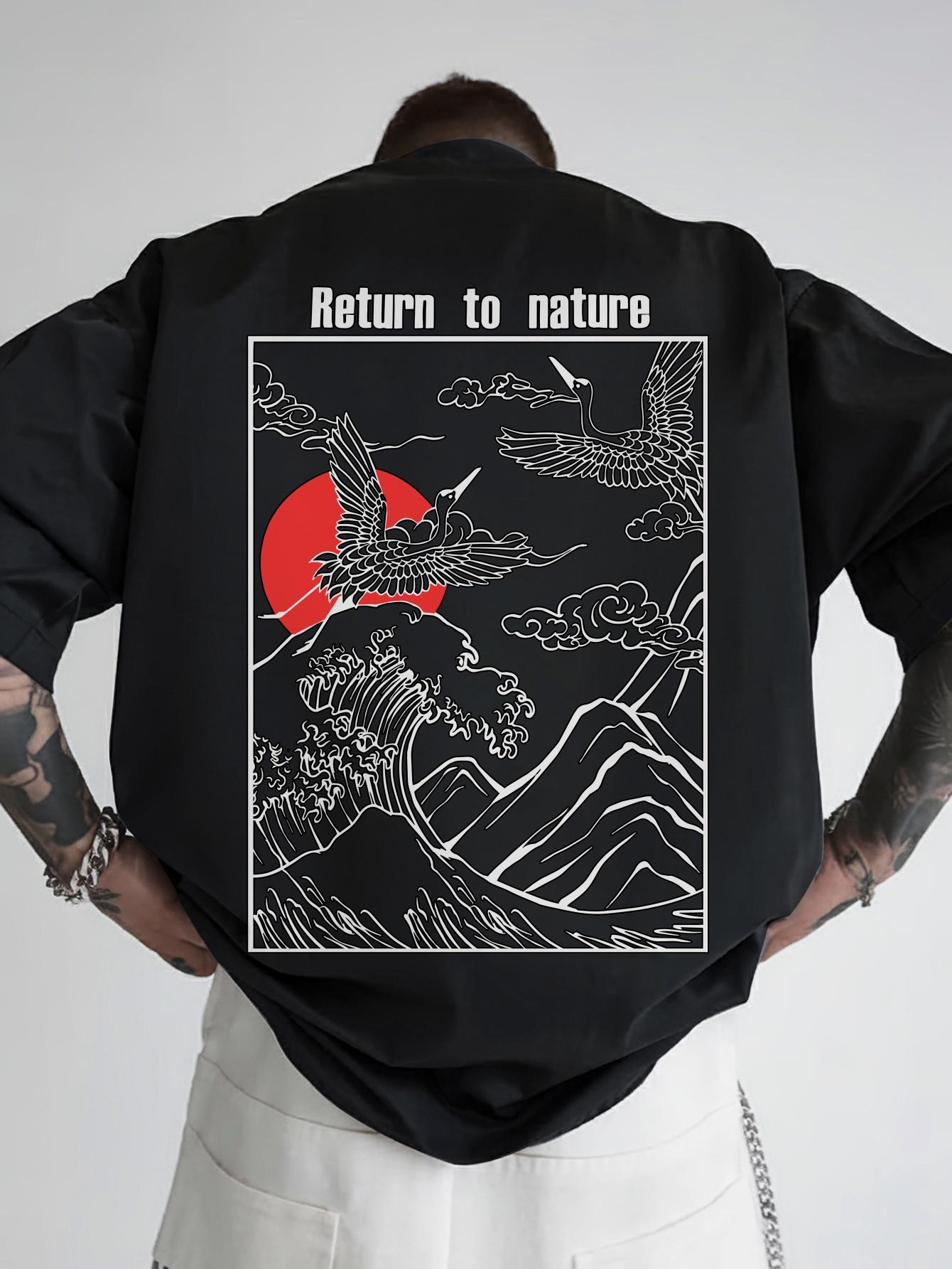 Japanese-Inspired Back Print T-shirt - Black Casual Short Sleeve with Red Sun & Mountain Landscape Design M