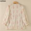 VONDA Womens Bohemian Floral Print V Neck Blouse Long Sleeve Semi-Sheer Irregular Layered Ruffled Tops