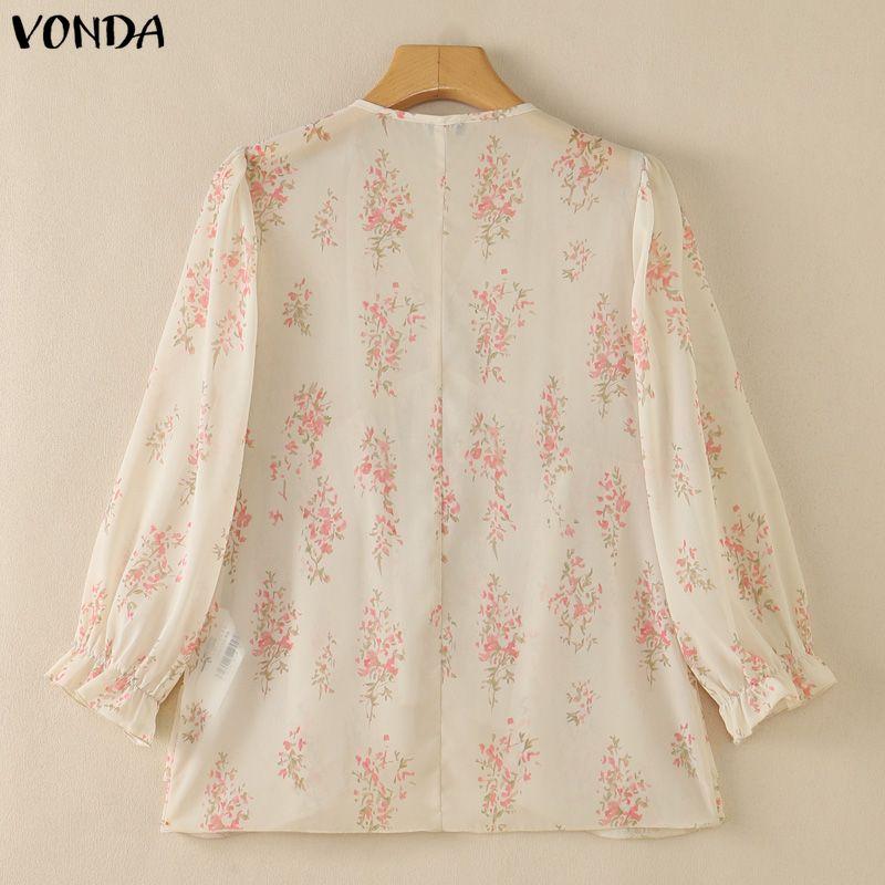 VONDA Womens Bohemian Floral Print V Neck Blouse Long Sleeve Semi-Sheer Irregular Layered Ruffled Tops