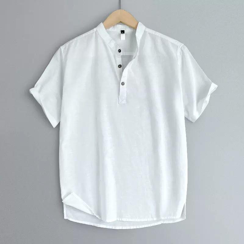 Penguin Dancing High End Linen Men's Short Sleeved Chinese Standing Neck Top Summer Cotton Linen T-shirt Men's Polo Shirt
