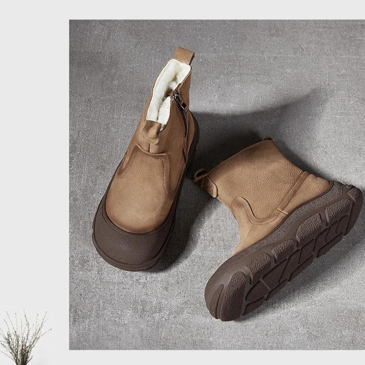 Johnature Genuine Leather Wool Warm Boots Round Toe Thick Soled Side Zipper Retro Women's Short Boots