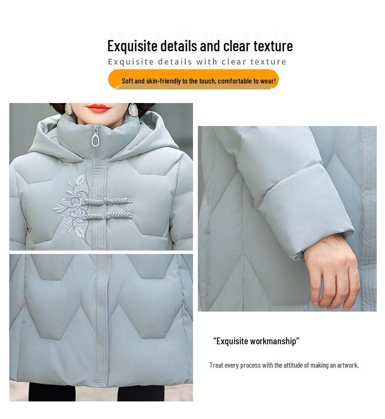 Women's Long Cotton Padded Winter Jacket - Stylish Over-the-Knee Design for Middle-Aged and Elderly