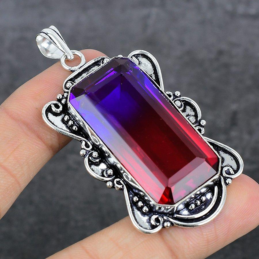Bi-Color Tourmaline Gemstone 925 Sterling Silver Jewelry Pendant 2.60"