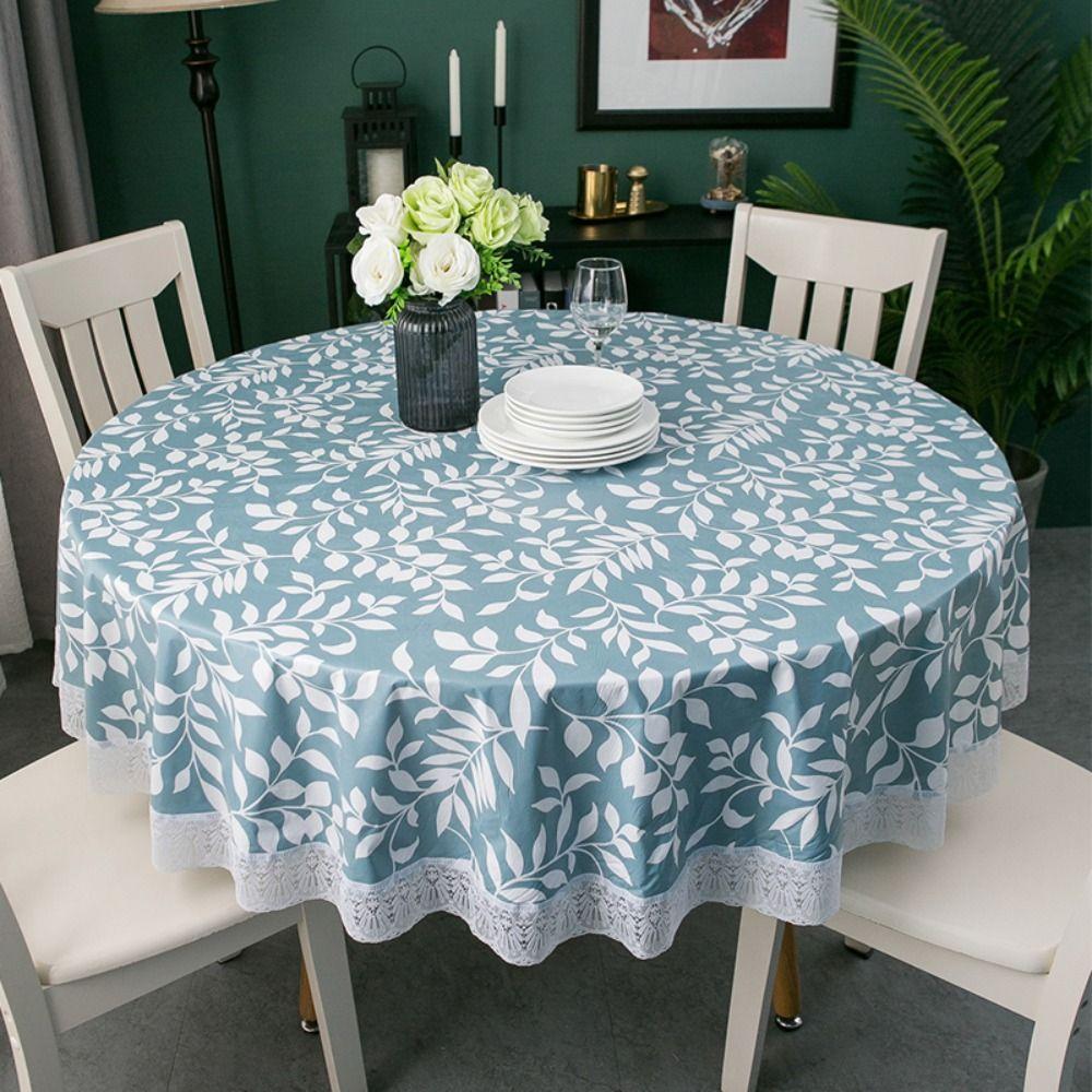 Pastoral Style PVC Tablecloth Lace Hem Printed Design Waterproof Tablecloth Oil Resistant Flower Pattern Round Table Cover