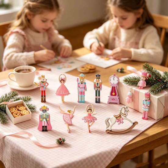 Handmade Christmas Tree Charms 10/20/30Pcs Nutcracker Wooden Ornaments, Pink Watercolor Hanging Decor with Cute Ornament Set for Kids Ballerina, Horse