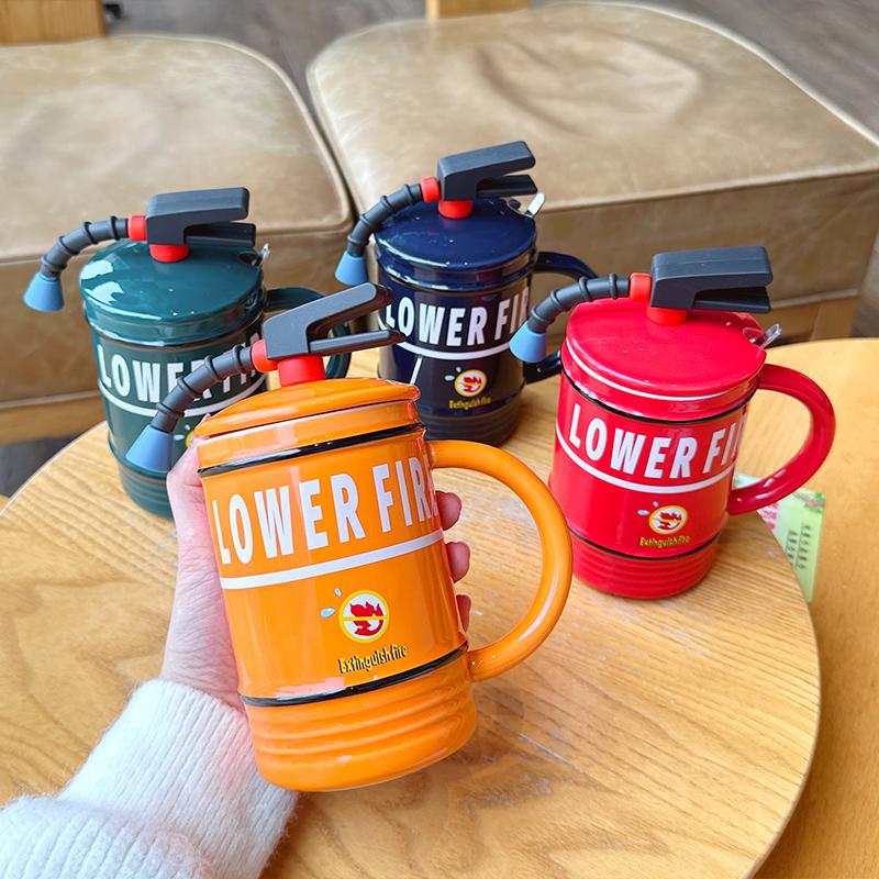 Fire Extinguisher Ceramic Cup Creative Personality Trendy Design Office Coffee Mug Funny Cup with Lid and Spoon 480ml