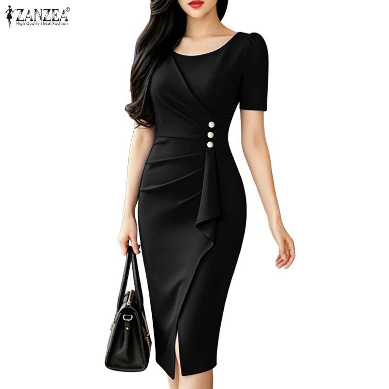 ZANZEA Abito da donna elegante a tubino casual con scollo rotondo e maniche corte