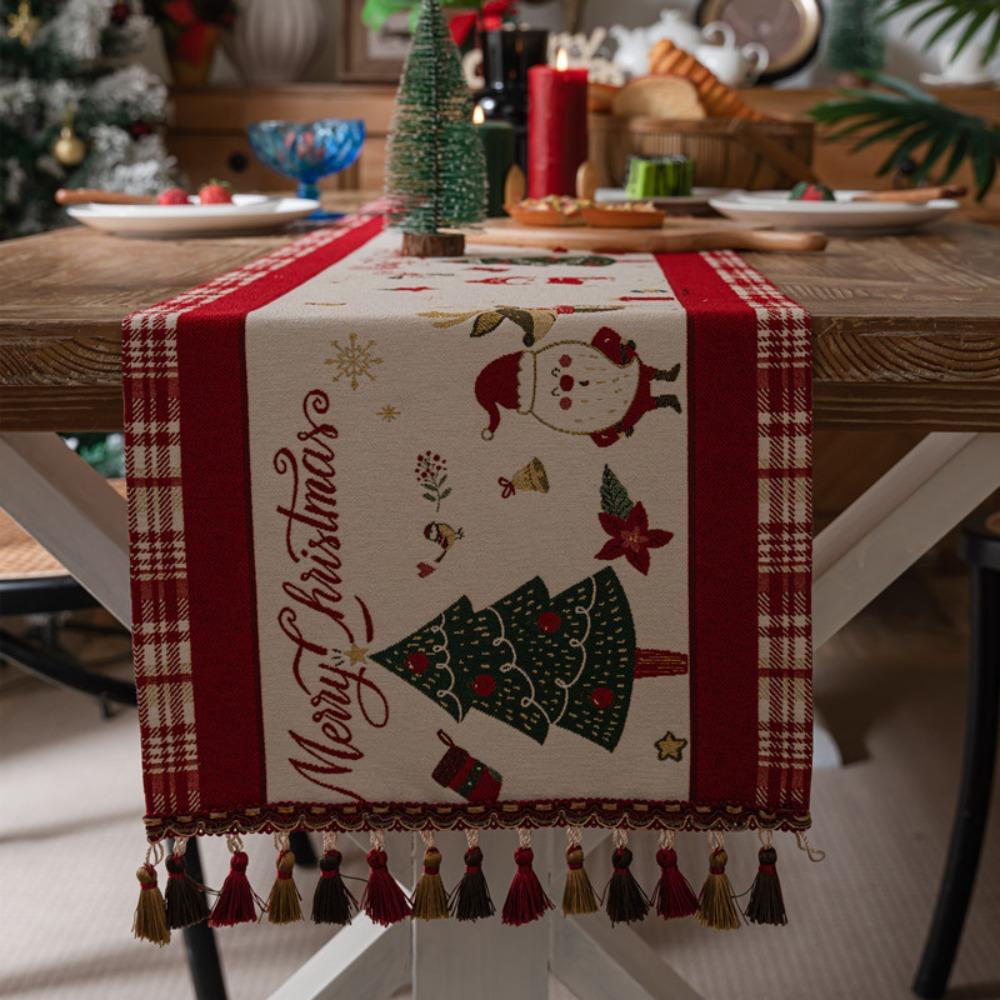 Christmas Snowman Jacquard Table Runner with Fringe Polyester Home Decor Tablecloth Bedspread