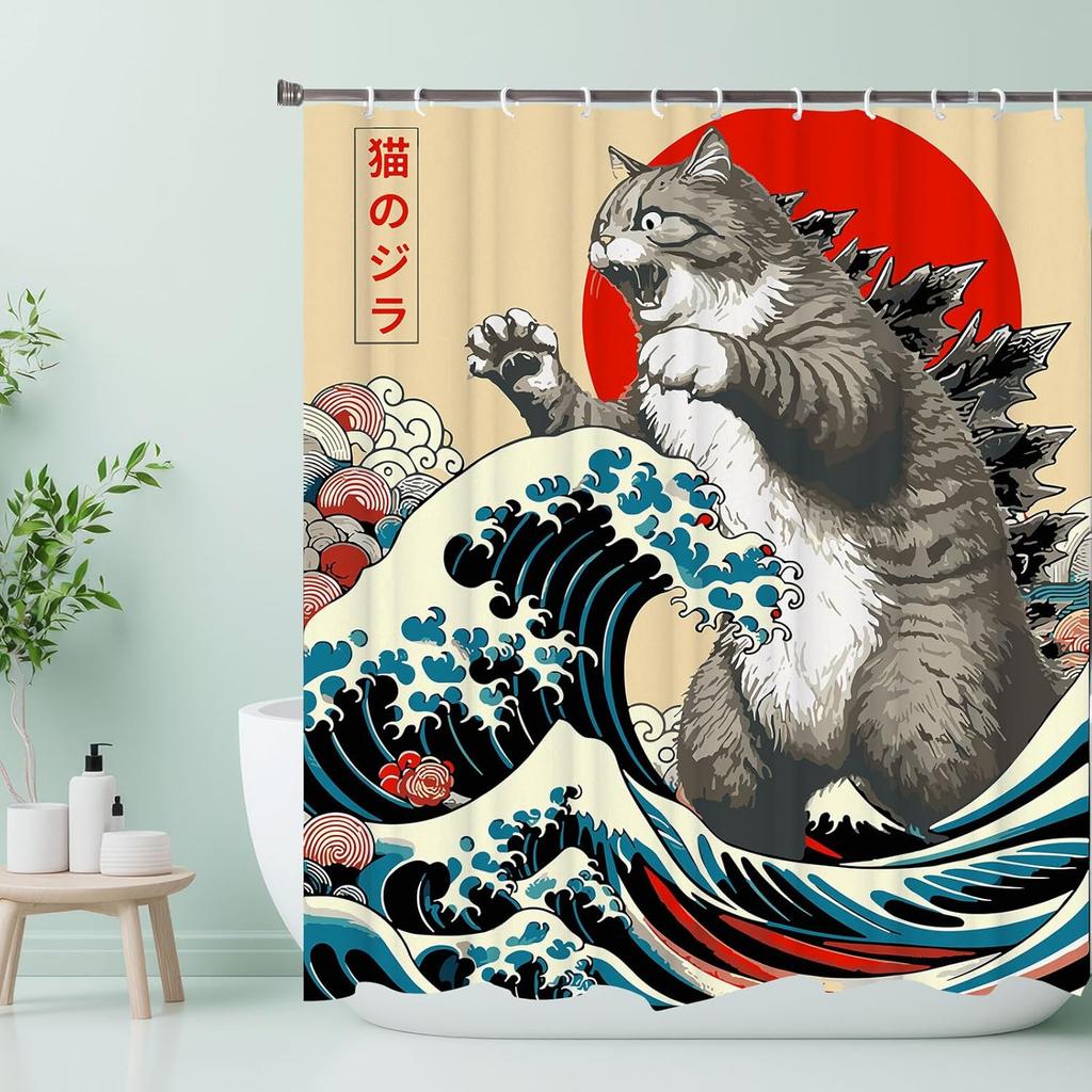 Japanese Cat Shower Curtain, Vintage Anime Sunset Wave Art, Waterproof Fabric With Hooks