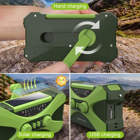 Solar Radio Hand Crank Rechargeable Emergency Radio with AM/FM Portable Flashlight Multifunctional Power Bank for Home Outdoor