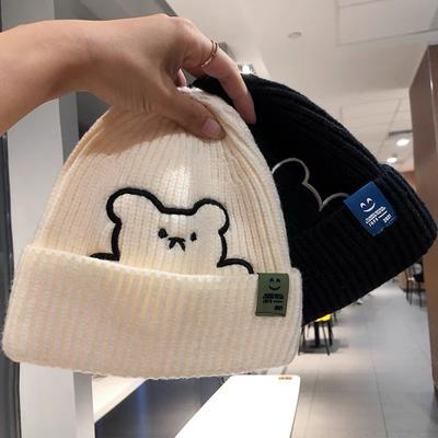 Bonnet Mignon Brodé Ours Automne Hiver Chaud Tricoté Chapeaux Mode Rétro Lettre Chapeau Melon Casquette Décontractée Bonnets Calotte Unisexe