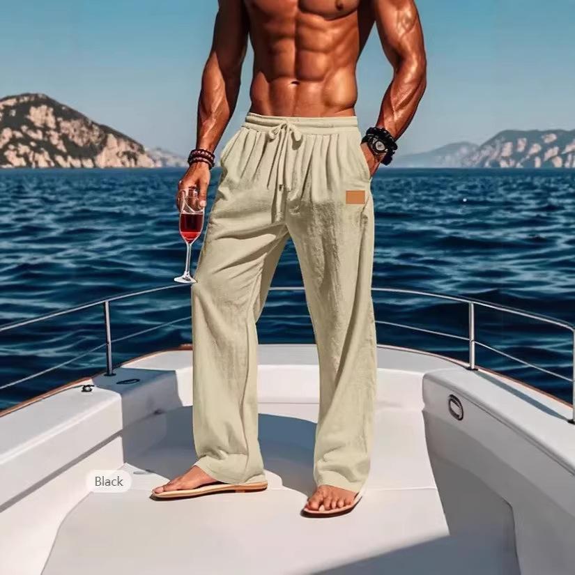 Cotton and linen pants drawstring casual straight pants plain comfortable breathable full length outdoor vacation beach vacation fashion