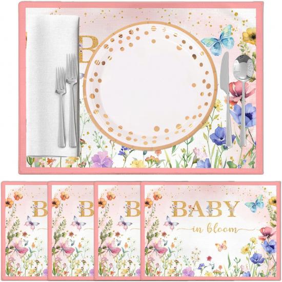 Eucalyptus Leaves Placemats Set of 4, Welcome Baby Waterproof Linen Placemats, Baby Shower Party Supplies, Table Mats for Indoor or Outdoor Dining
