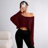 Spring and Autumn European and American Women's Clothing Loose Collar Bottom Fashion Open Navel Slant Collar T-Shirt Long Sleeve Top