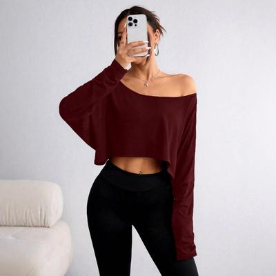 Spring and Autumn European and American Women's Clothing Loose Collar Bottom Fashion Open Navel Slant Collar T-Shirt Long Sleeve Top