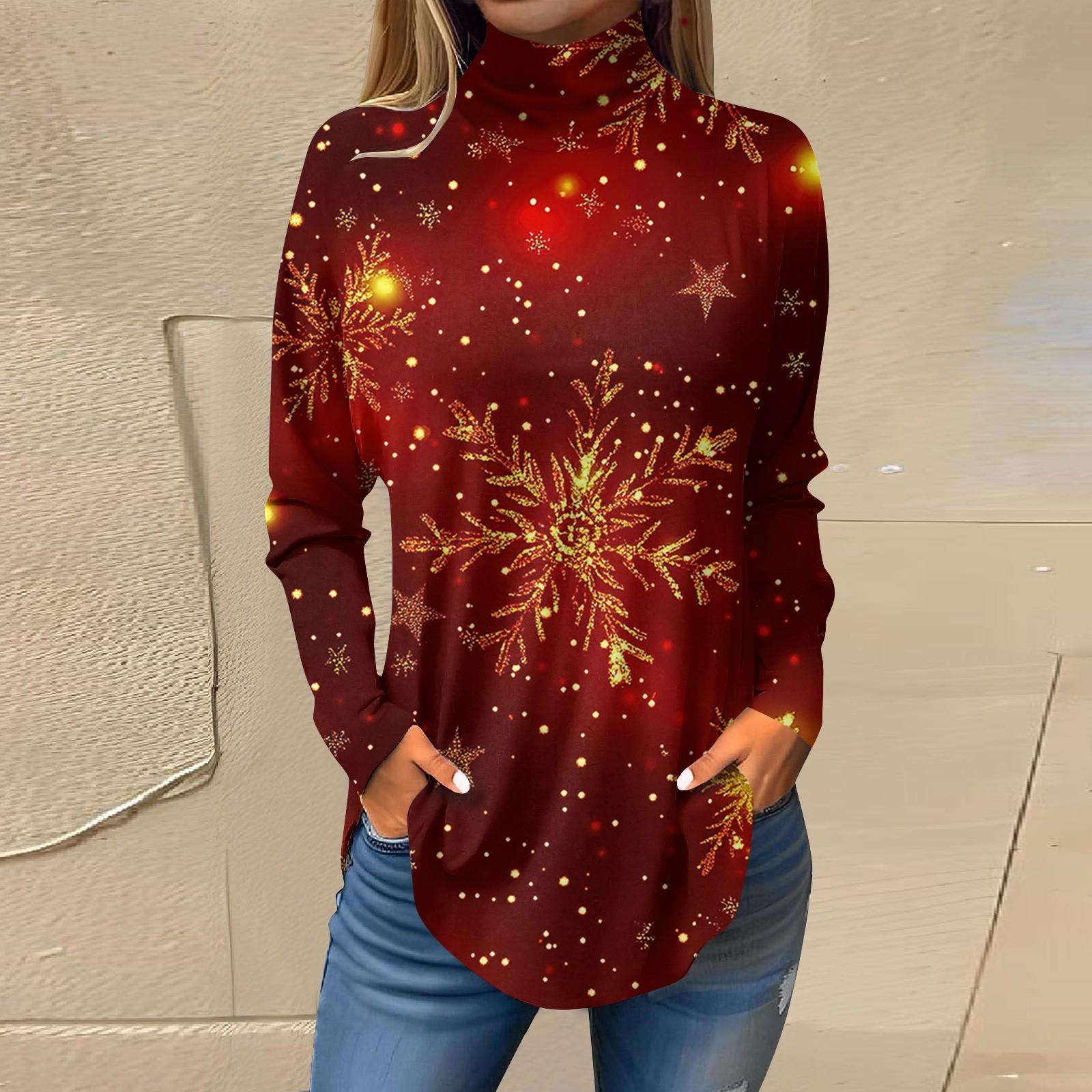 

Женская модная повседневная футболка с длинным рукавом с высоким воротом и принтом, пуловер, топ XL винный