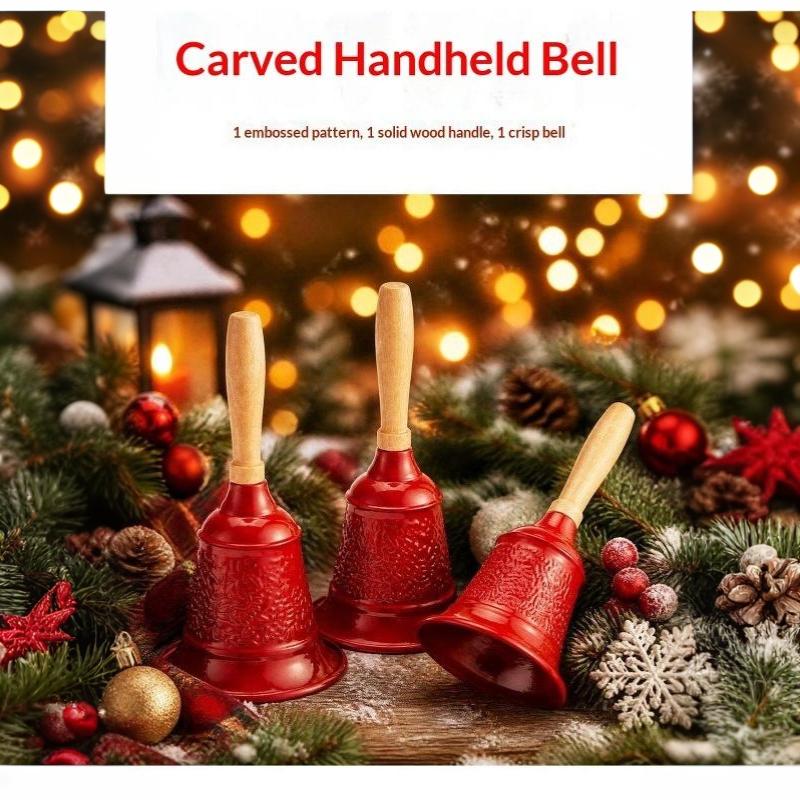 Christmas Iron Hand Bell Red Gold Embossed Pattern Wooden Handle for Holiday Gift Giving Restaurant Call Bell