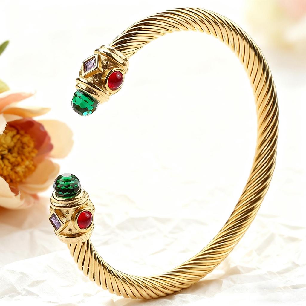 Stylish European-American 18K Gold Stainless Steel Wire Bracelet for Women, Geometric Open Design, Inlaid with Colored Diamonds, Colorfast.