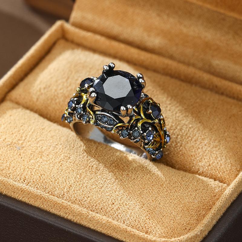Retro and Trendy Blue Color Inlaid Zircon Leaf Women's Ring, Luxurious and Fashionable Banquet Party Accessories, Jewelry Gifts
