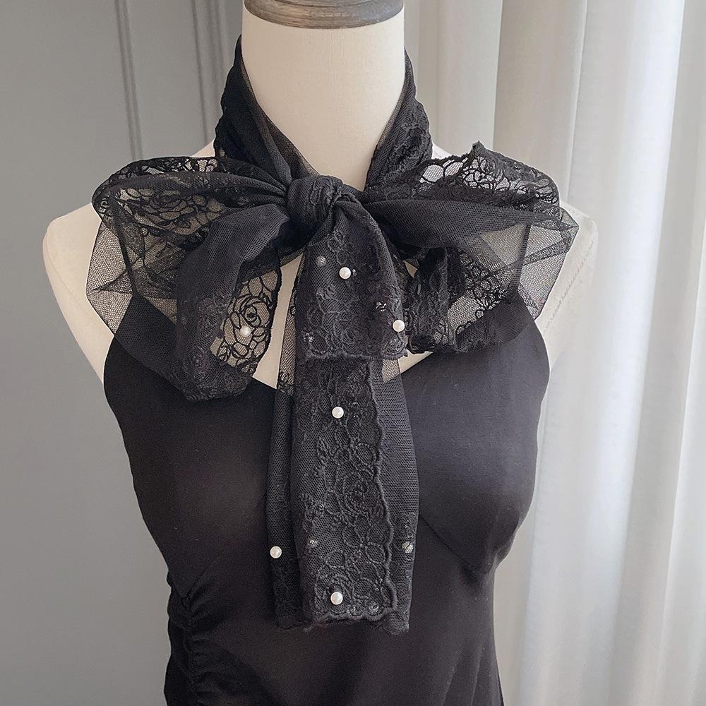 Elegant Embroidery Wide Version Lace Streamer Temperament Pearl Scarf Spring and Autumn Thin Shoulder Decorative Silk Women