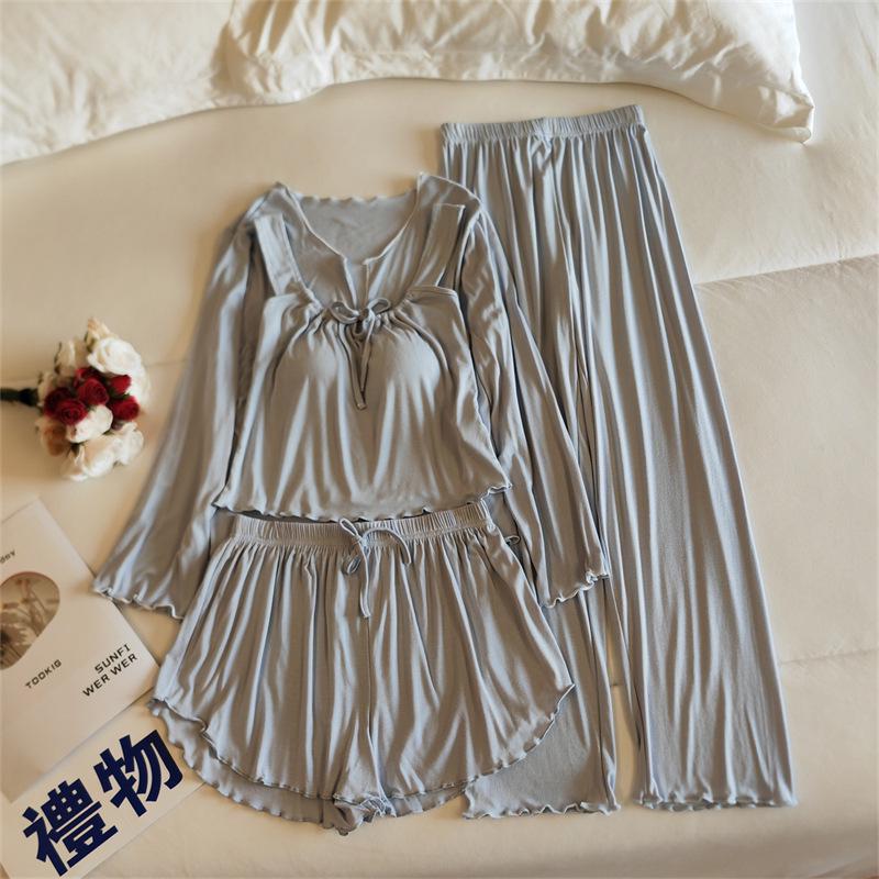 Women's Four-Piece Camisole Pajama Set with Built-in Bra, All-Season Modal Sleepwear