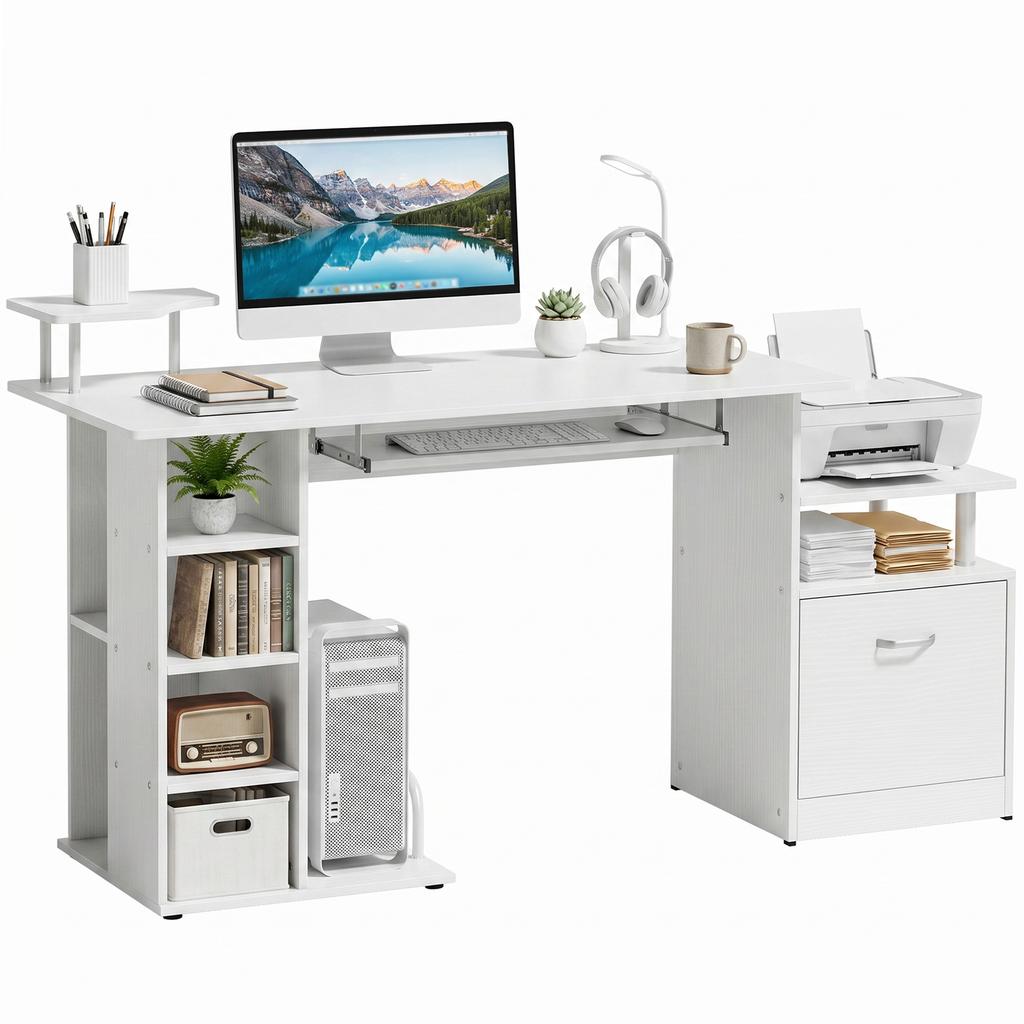 Computer Desk with Drawer Shelves CPU Storage Rack White