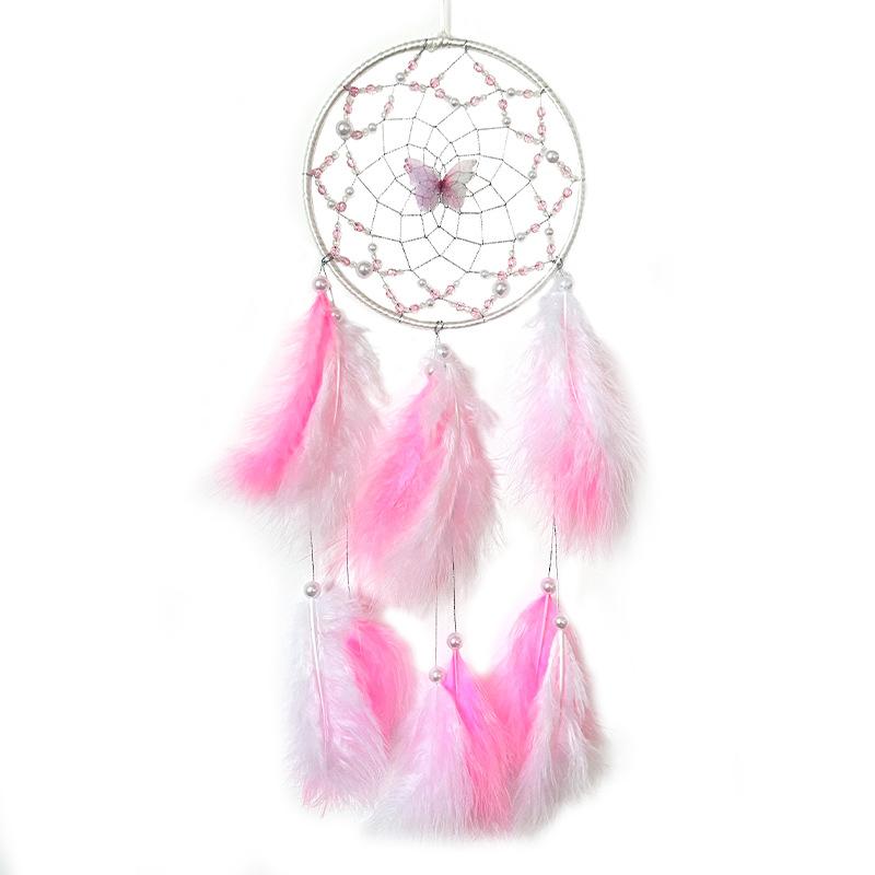 Butterfly Dream Catcher Pink Feather Pendant Creative Hand-woven Bedroom Curtain Hanging Ornaments Birthday Gift Home Decoration
