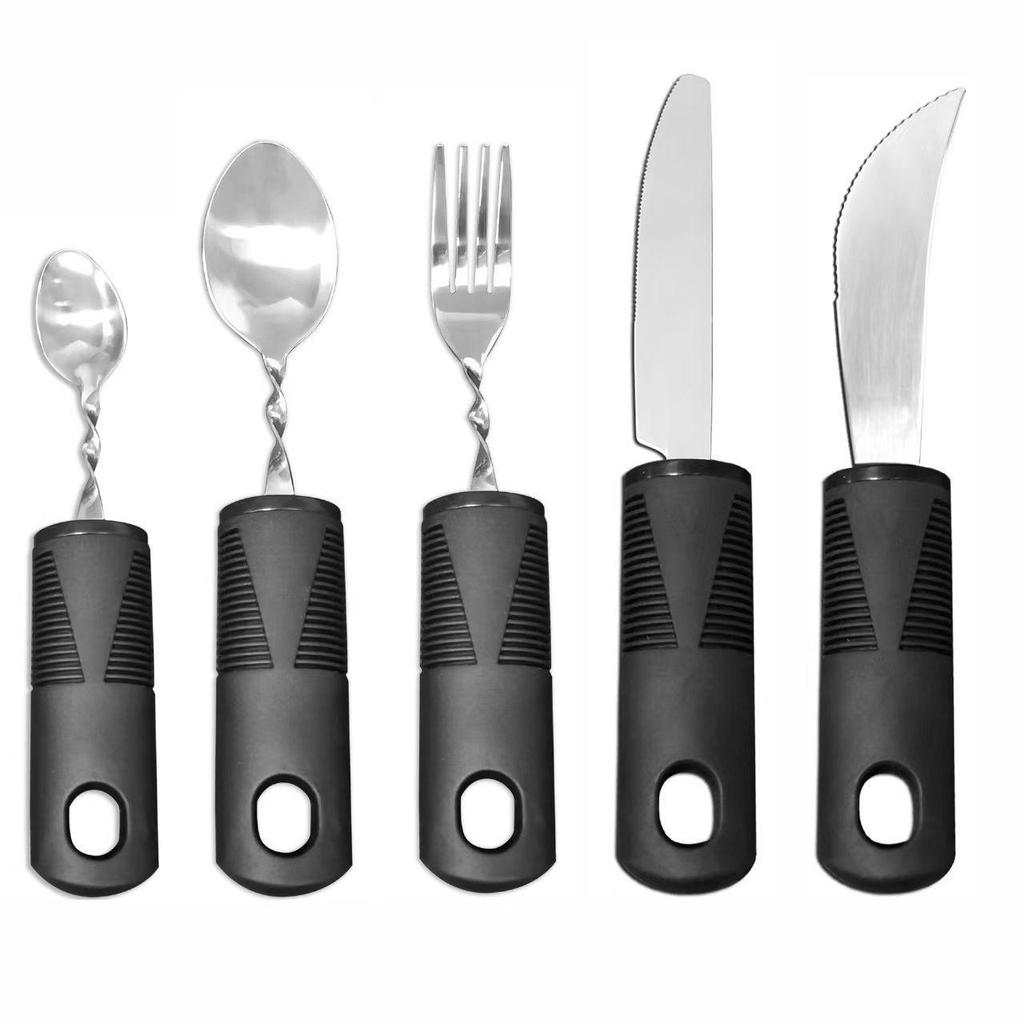 Adaptive Stainless Steel Anti-Tremor Tableware Set: Ergonomic Knife, Fork, Spoon with Rubber and Plastic Handles for Elderly Assistance