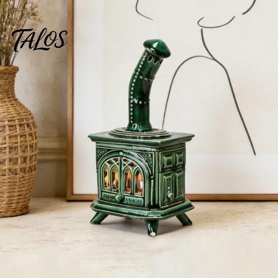 Warm Glow Night Lamp Stove Figurine with LED Candle Battery Operated Fireplace Light Vintage Tabletop Ornament for Living Room Bedroom Home