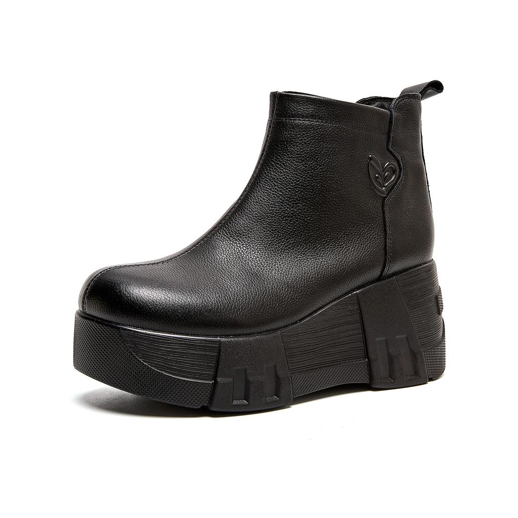 Fashion GKTINOO Handmade Genuine Leather Winter Warm Women's Boots Round Toe Retro Thick-soled Wedges Ankle Boots High Heels Boots