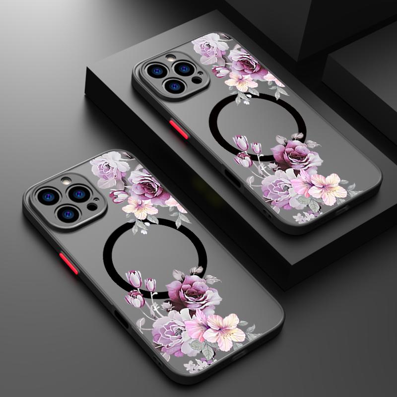 Purple Peony Print Magnetic Phone Case For iPhone Air 17 15 16 14 Pro Max 16 PLus 13 12 Pro 11 For Magsafe Wireless Charge Cover