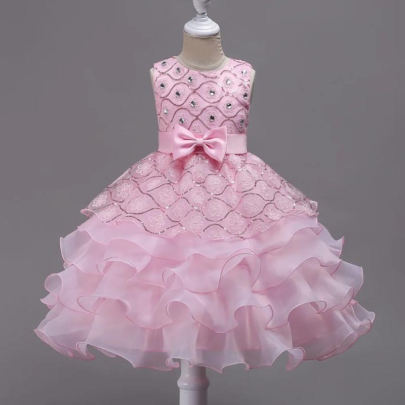 Vestito Principessa da Bambina Elegante con Ricami Floreali Fiocco Senza Maniche Strati di Rete
