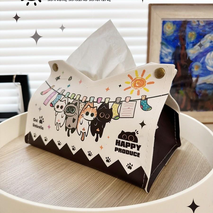 Cat Cartoon Leather Tissue Box For Home Office Car Use With Multi Purpose Functionality