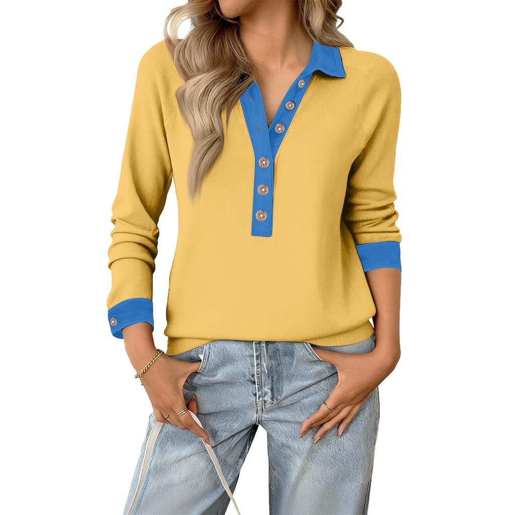 Women's Retro Street Lazy Denim Collar Long Sleeve Pullover Patchwork Knit Top