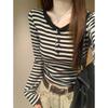 Button Front Shoulder Bottoming Shirt Women's Spring Stripes Contrasting Colors Slim Fit Sweet and Spicy Style Long-sleeved Shirt with Top Tide