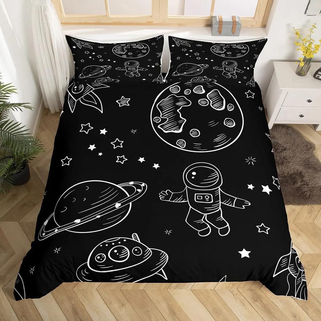 Cartoon Astronaut Duvet Cover Set Moon Clouds Starry Sky Quilt Cover Microfiber Galaxy Bedding Set Twin King For Boys Girls Gift