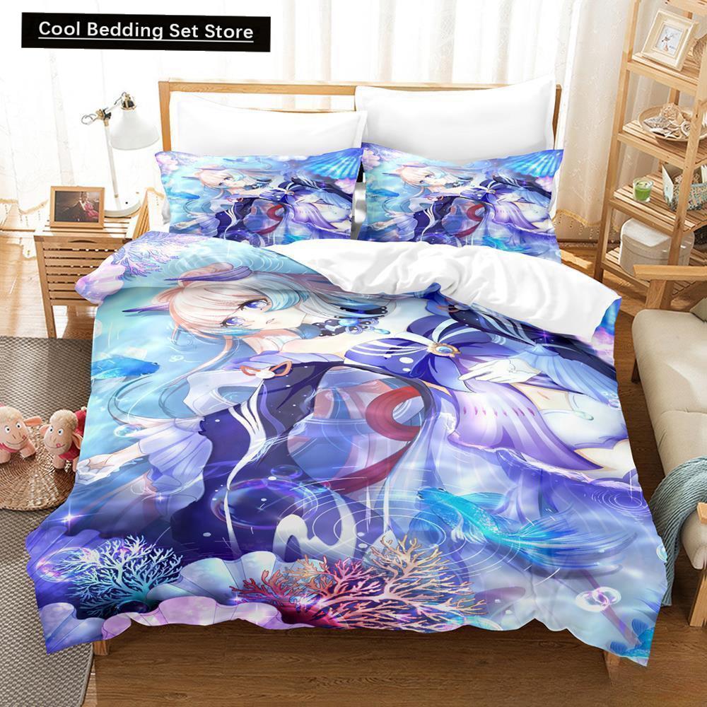 Genshin Impact Sangonomiya Kokomi Bedding Set Cartoon Anime Three-piece Set Adult Kid Bedroom Duvet Cover Sets 3D Kawaii Girls