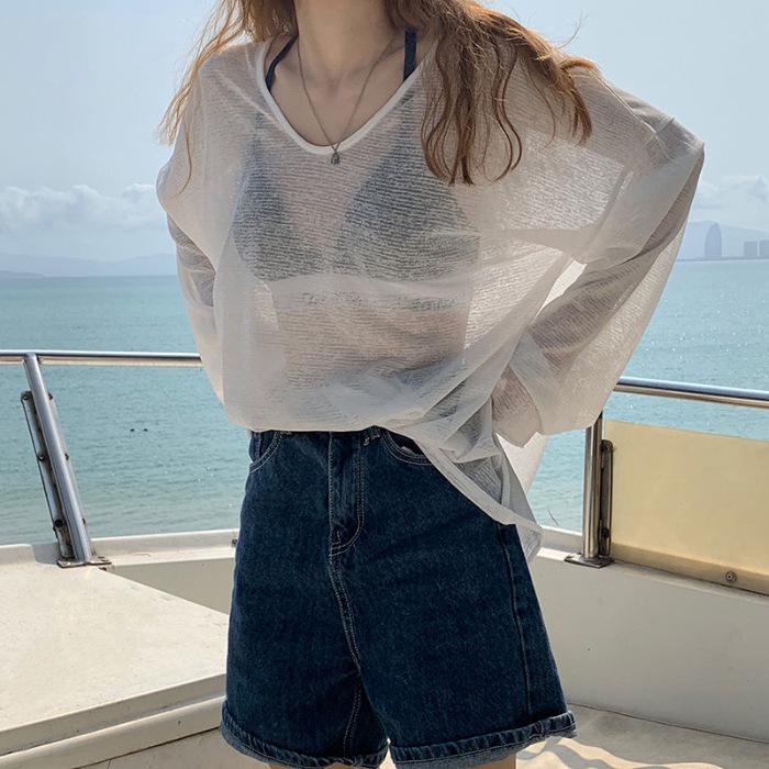 Women s Thin Bamboo Ribbed Long Sleeve Sun Protection See-through Top One Size