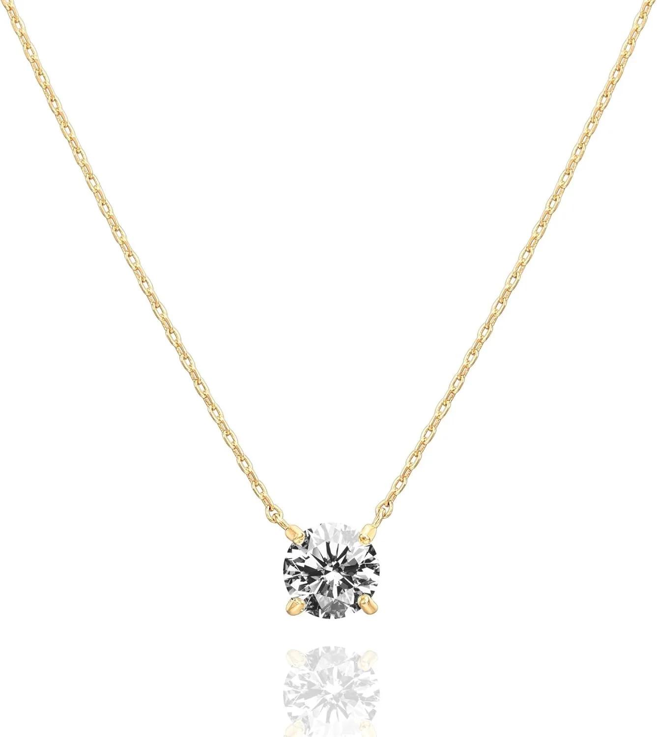 14K Gold Plated Silver Plated Crystal Solitaire 1.5 Carat (7.3mm) Cubic Zirconia Dainty Choker Necklace Gold Necklaces for Women 45cm золотой