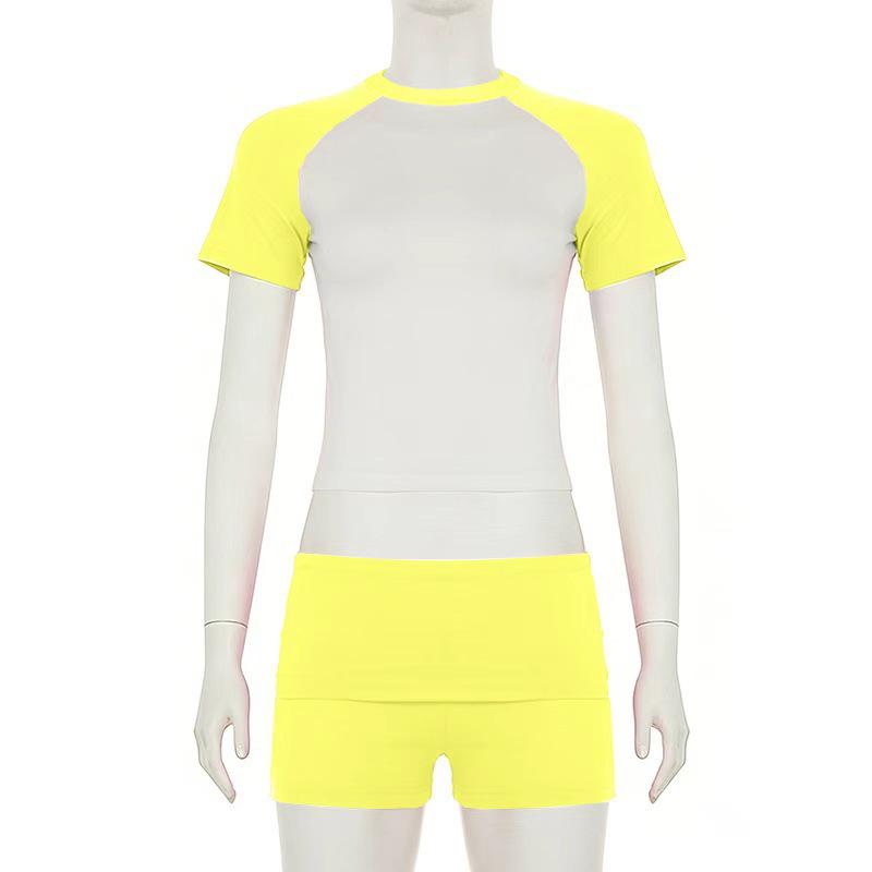 European-American Raglan Color-Block Sports Suit: Short-Sleeve Top, Solid Shorts & Headband