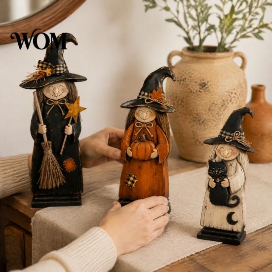 Rustic Wooden Witch Craft for Desk Ornament, Retro Halloween Figurine with Broom/Pumpkin/Black Charming Decor Autumn Parties Cat, Creative Tabletop