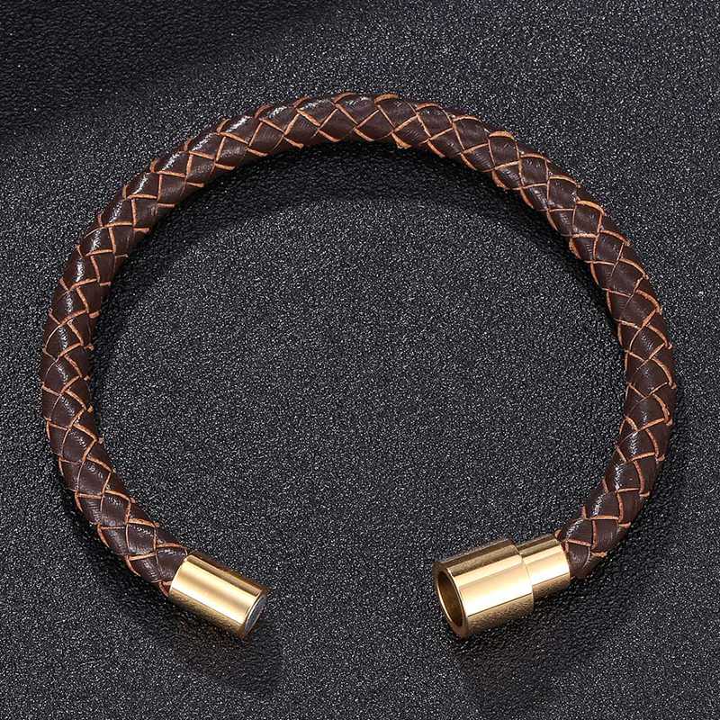Retro Men Brown Leather Bracelet Charm Gold Color Clasp Bangles Jewelry Birthday Gift