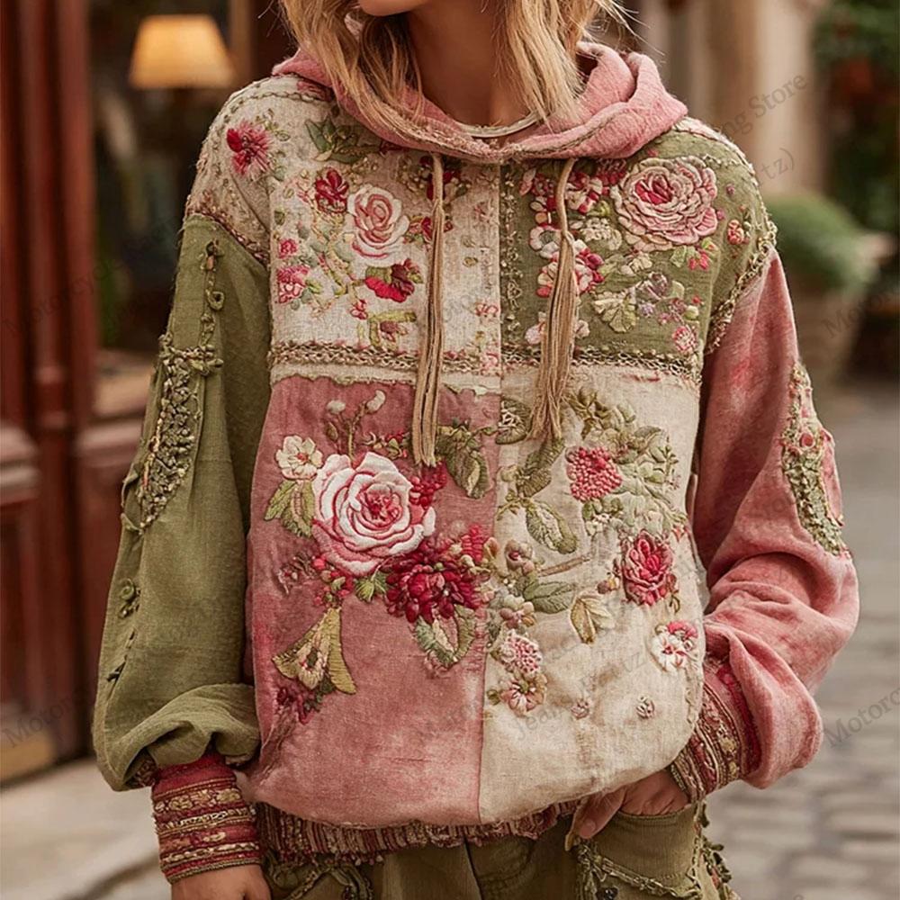 Vintage Floral Patchwork 3d Print Hoodie Women Fashion Casual European American Style Hoodie Sweatshirt Women Clothes Top